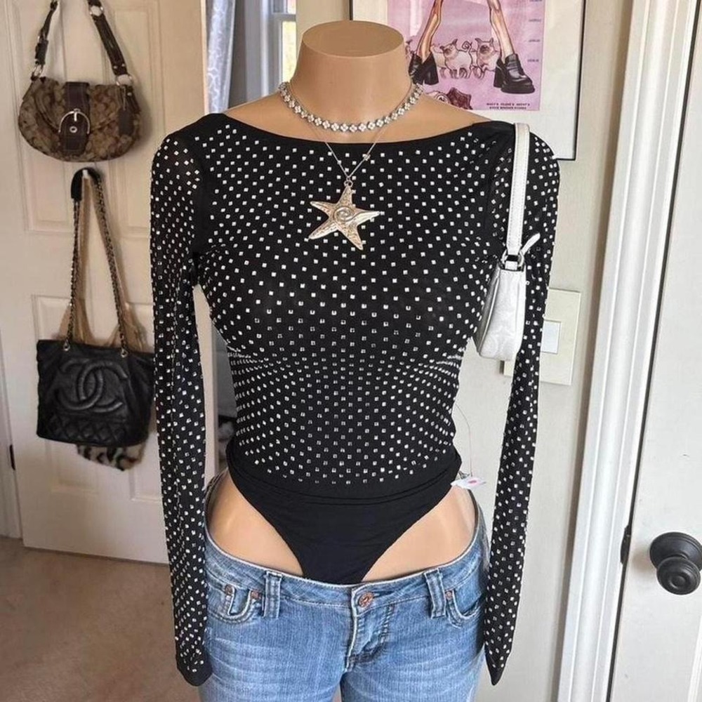 Y2K miss selfridge whimsygoth mcbling rhinestone mesh bodysuit long sleeve top